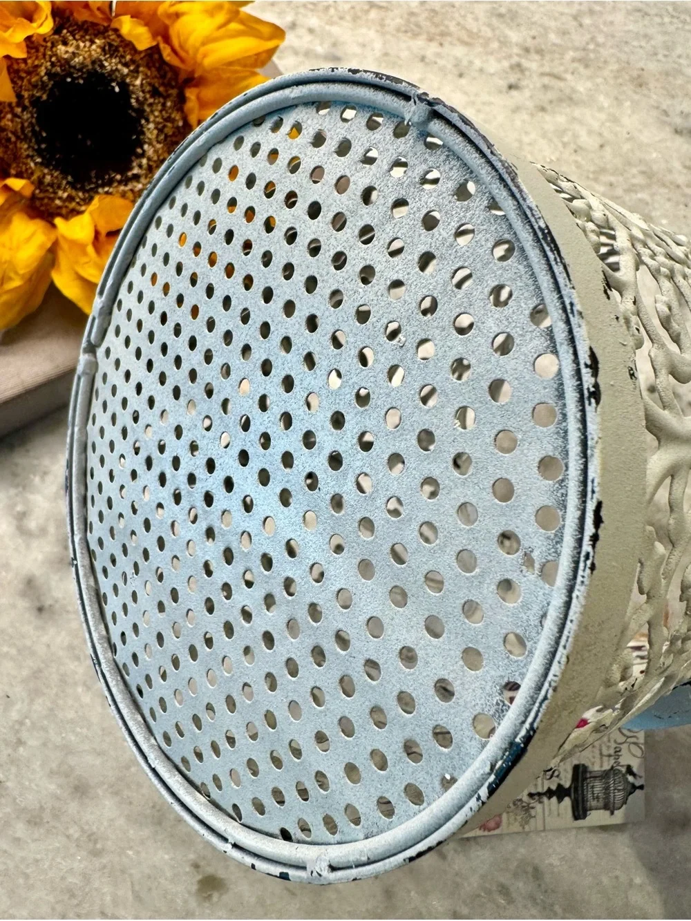 New Rustic Distressed Ornate Chippy White Metal Bucket Holder Decor - 7” x 5”
